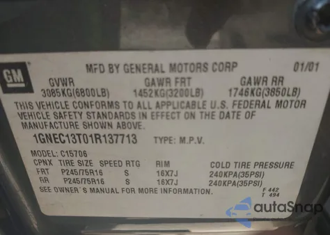 2001 Chevrolet Tahoe Ls z USA, uszkodzony, nr VIN 1GNEC13T01R137713